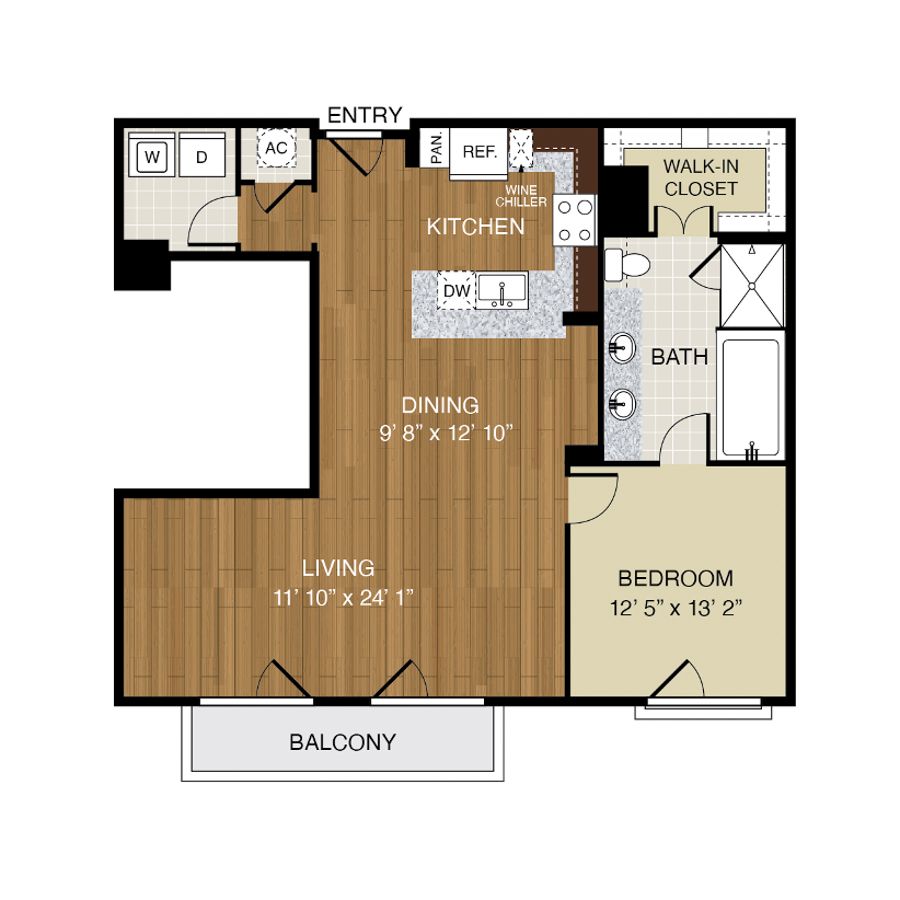 Rendering of the A9 floor plan with 1 bedroom[s] and 2 bathroom[s] at 