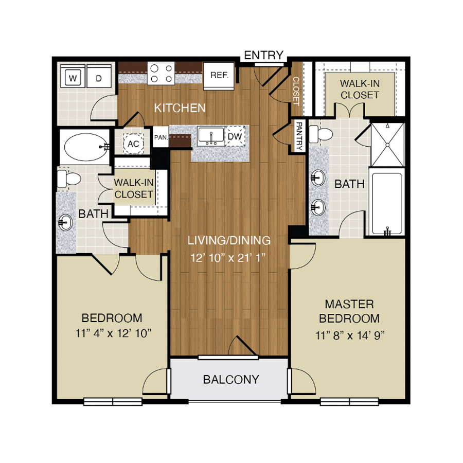 Rendering of the B2 floor plan with 2 bedroom[s] and 2 bathroom[s] at 