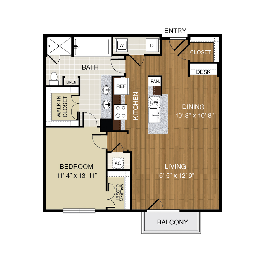 Rendering of the A6 floor plan with 1 bedroom[s] and 1 bathroom[s] at 