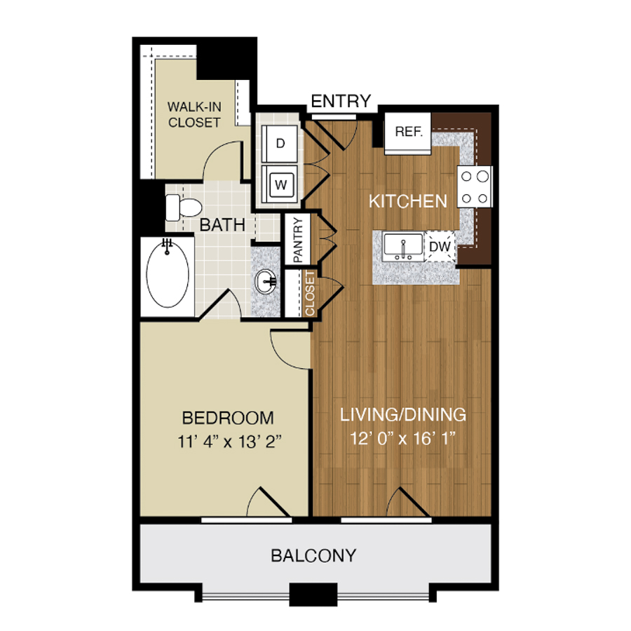 Rendering of the A1 floor plan with 1 bedroom[s] and 1 bathroom[s] at 