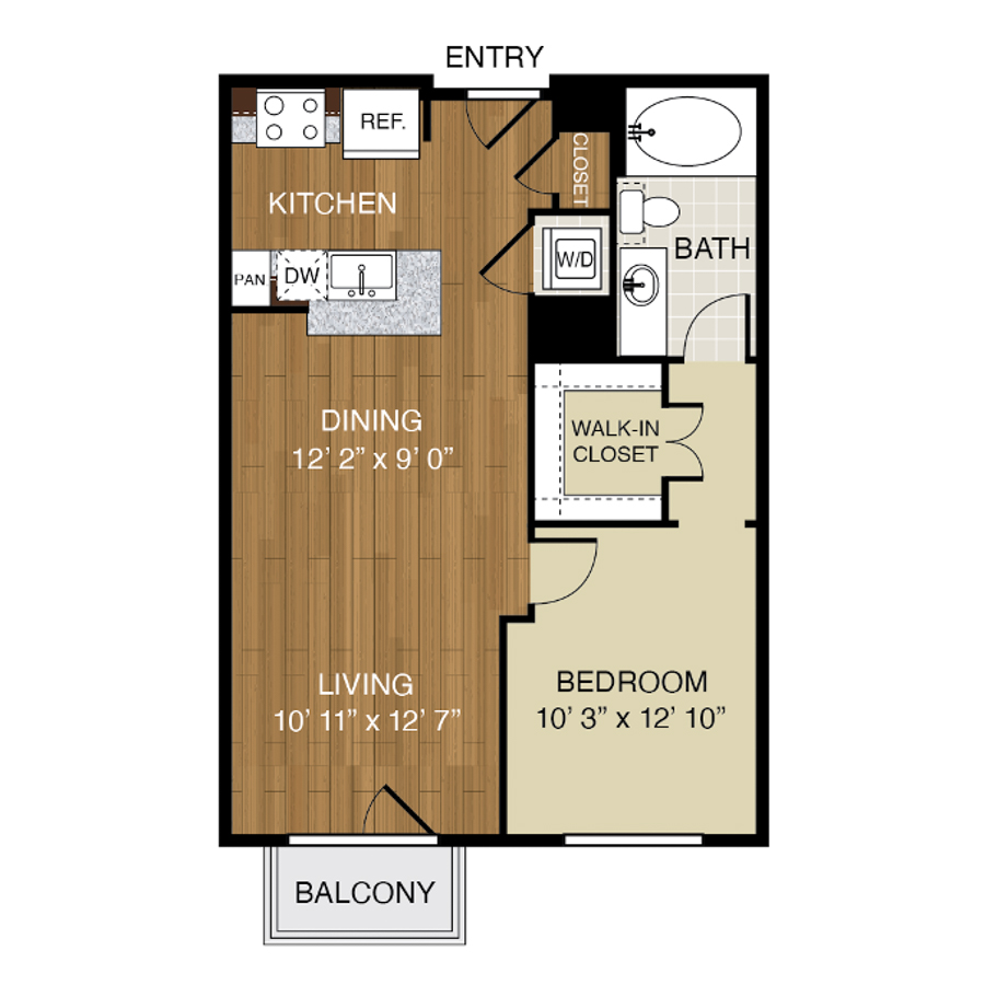 Rendering of the A2 floor plan with 1 bedroom[s] and 1 bathroom[s] at 