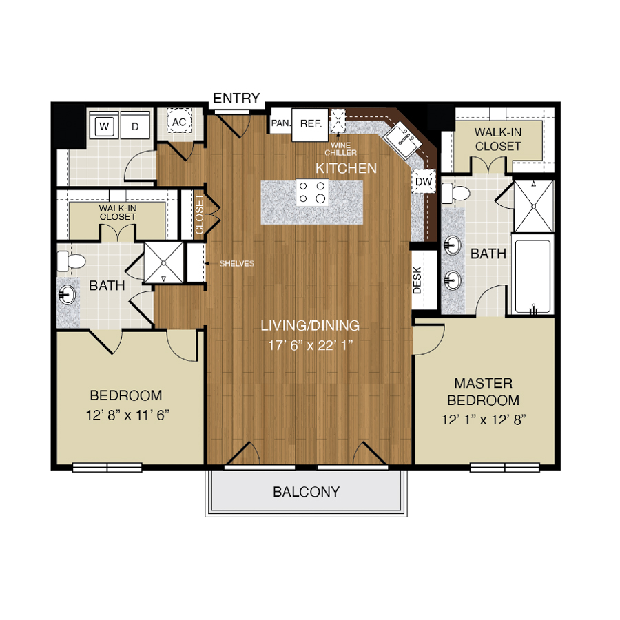 Rendering of the B3 floor plan with 2 bedroom[s] and 2 bathroom[s] at 