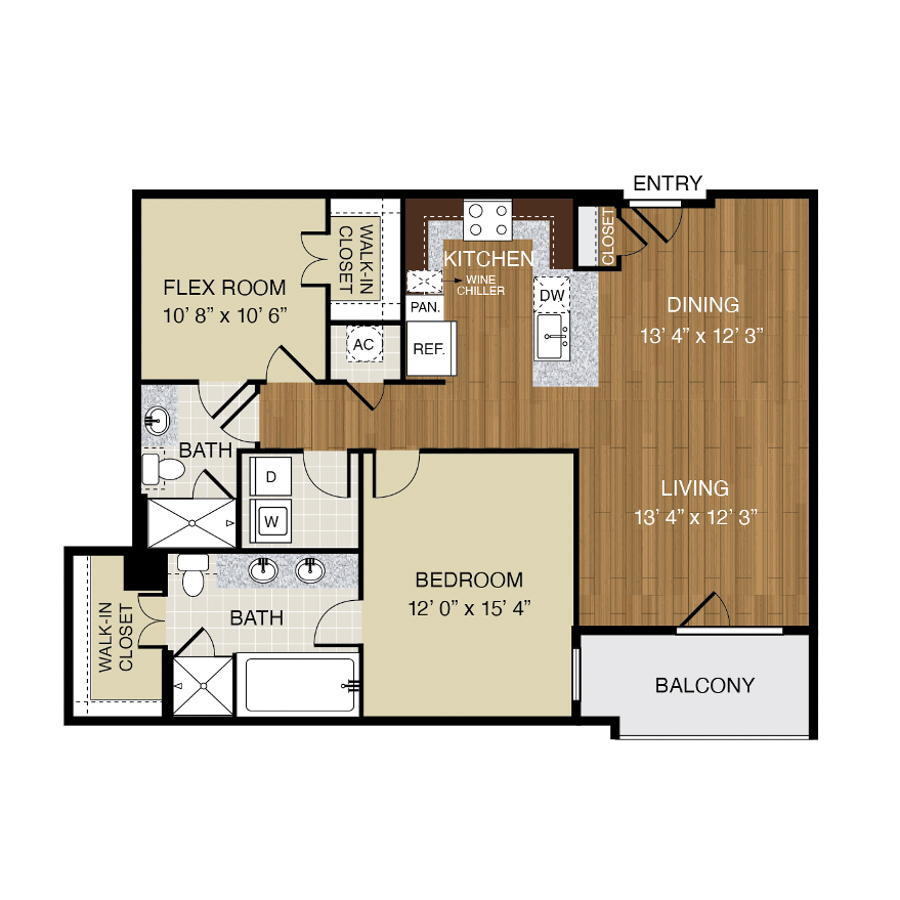Rendering of the A8 floor plan with 1 bedroom[s] and 2 bathroom[s] at 