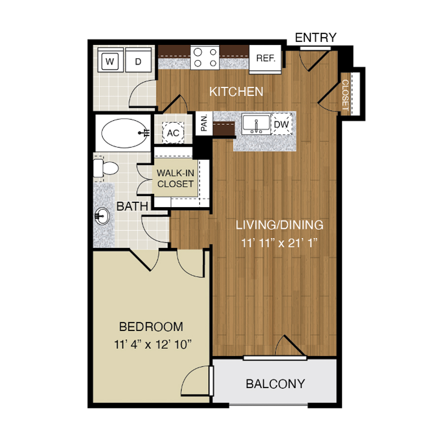 Rendering of the A5 floor plan with 1 bedroom[s] and 1 bathroom[s] at 