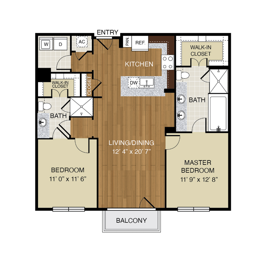 Rendering of the B1 floor plan with 2 bedroom[s] and 2 bathroom[s] at 